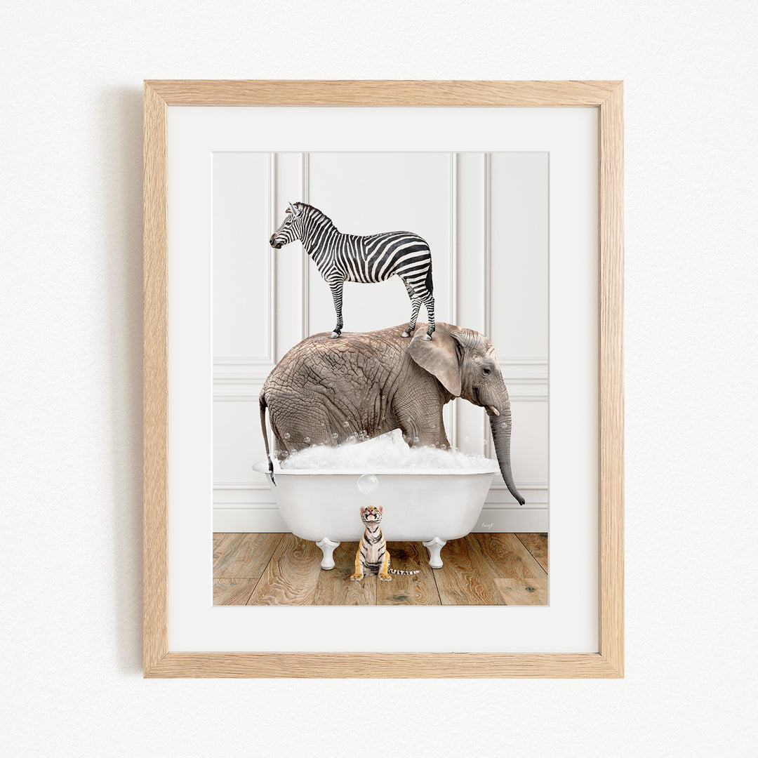 A zebra stands on the back of an elephant, which is sitting in a bathtub filled with water, while a small tiger sits nearby on the floor.