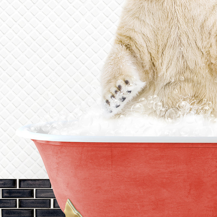 a polar bear sitting in a bathtub full of foam