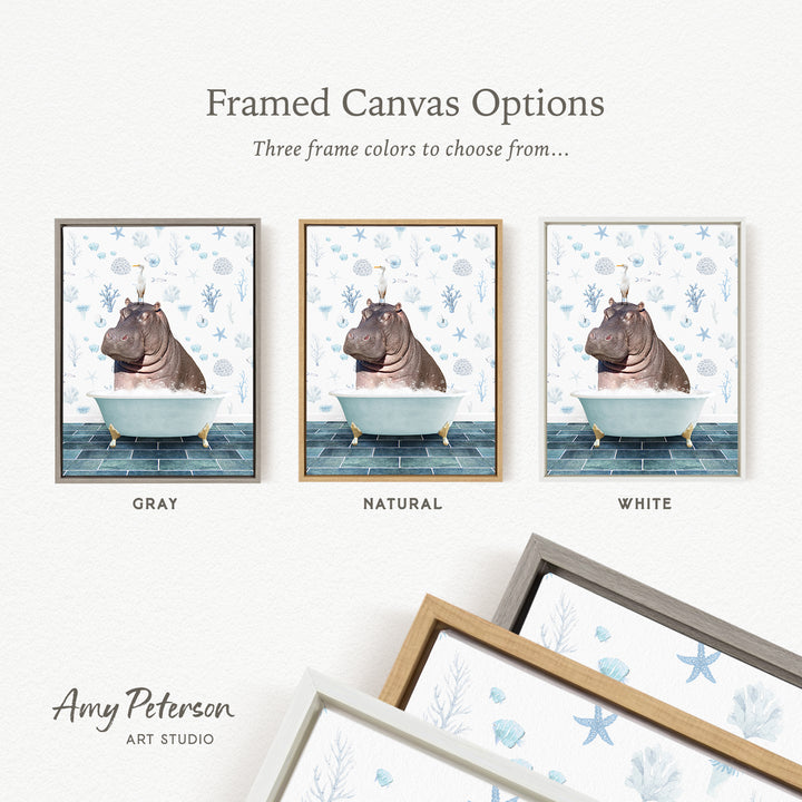 three framed canvas options featuring a hippopotamus in a bathtub, each with a different frame color: gray, natural, and white.