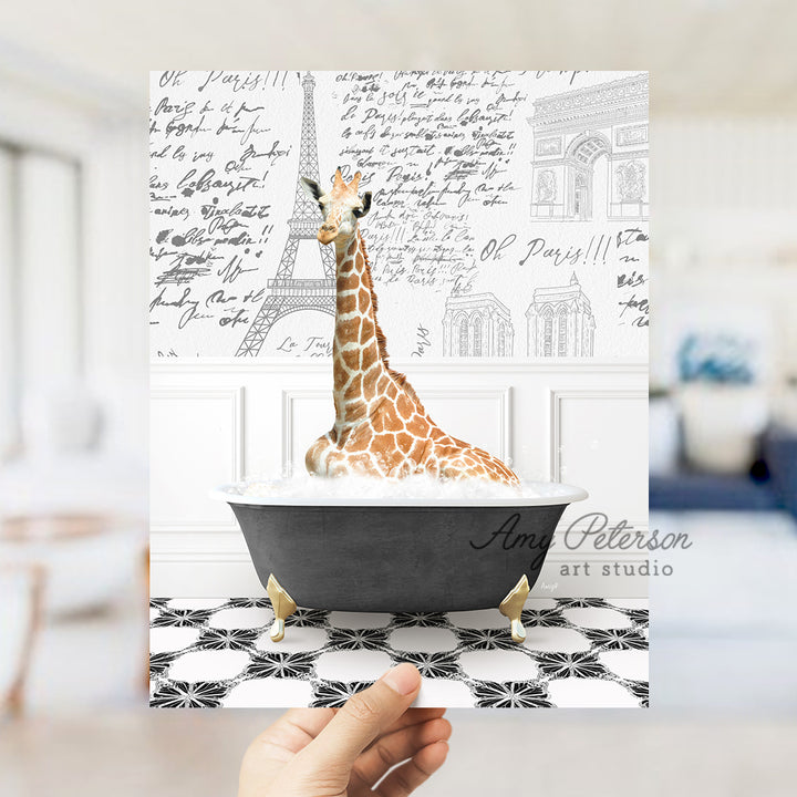 a giraffe sitting in a bathtub in a room