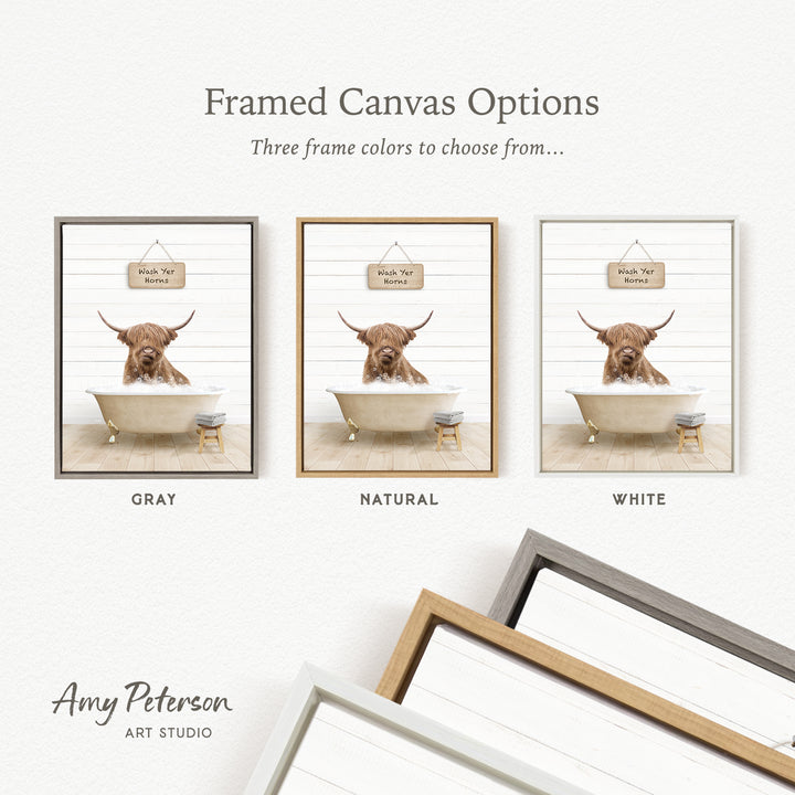 three framed canvas options featuring a picture of a bull with horns in a bathtub, each with a different frame color: gray, natural, and white.