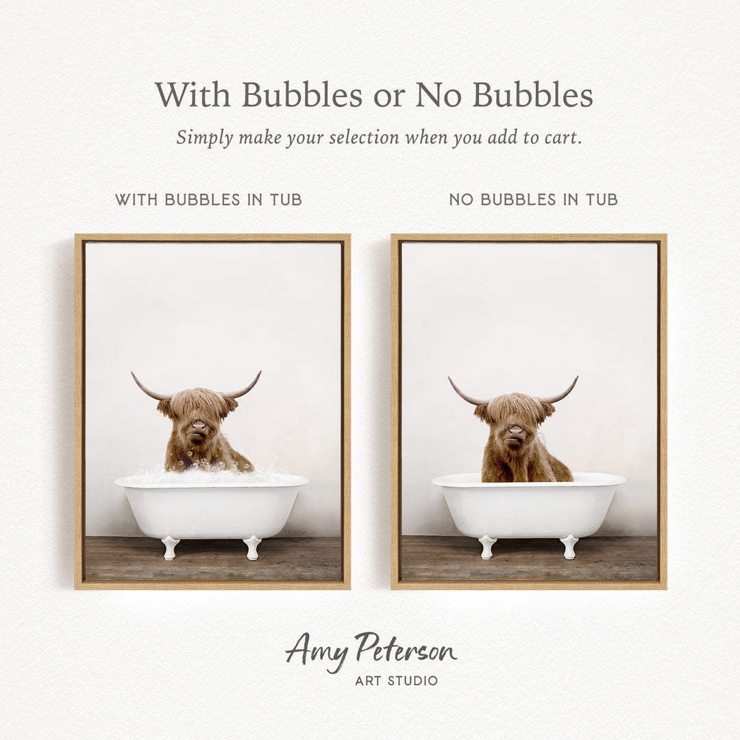 The image is a collage of two pictures featuring a Highland cow sitting in a white bathtub. The cow has long horns and appears to be enjoying the bath. The text above the images reads "With Bubbles or No Bubbles" and below the images, it says "Simply make your selection when you add to cart."