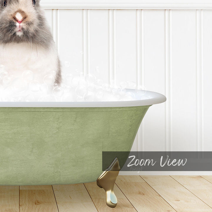 A fluffy white rabbit sitting in a green bathtub filled with bubbles, with a white wall and wooden floor in the background.