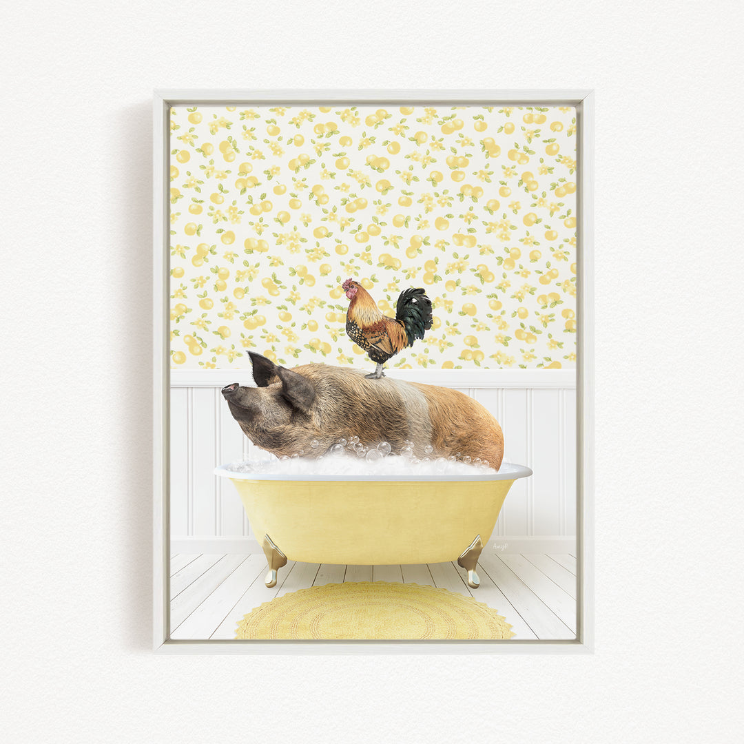 A rooster stands on a pig's back while the pig is sitting in a yellow bathtub filled with water, with a yellow floral wallpaper in the background.