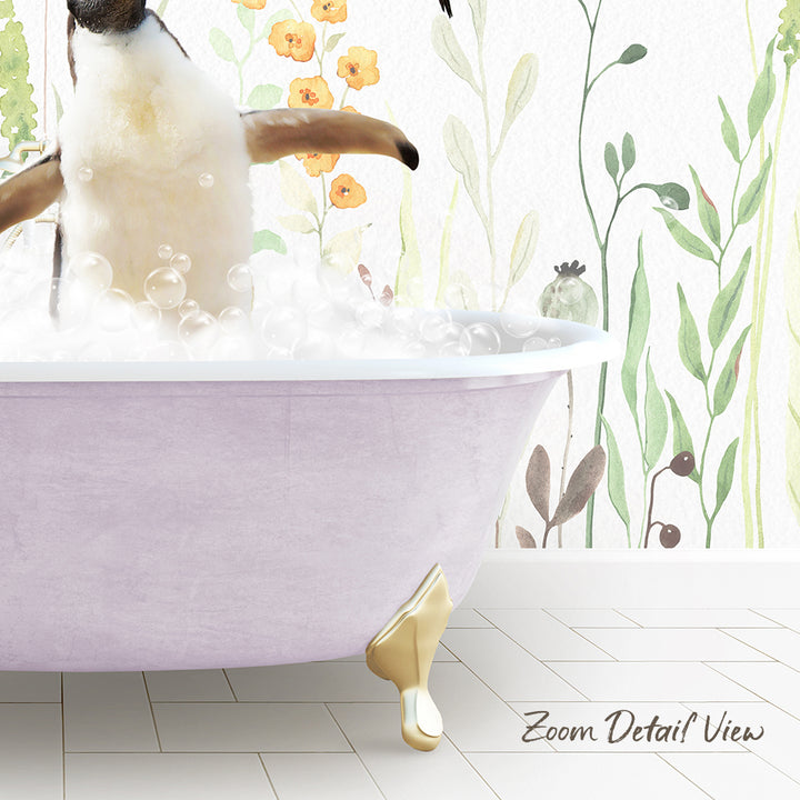 A cat sitting in a bathtub filled with bubbles, surrounded by a floral wallpaper.