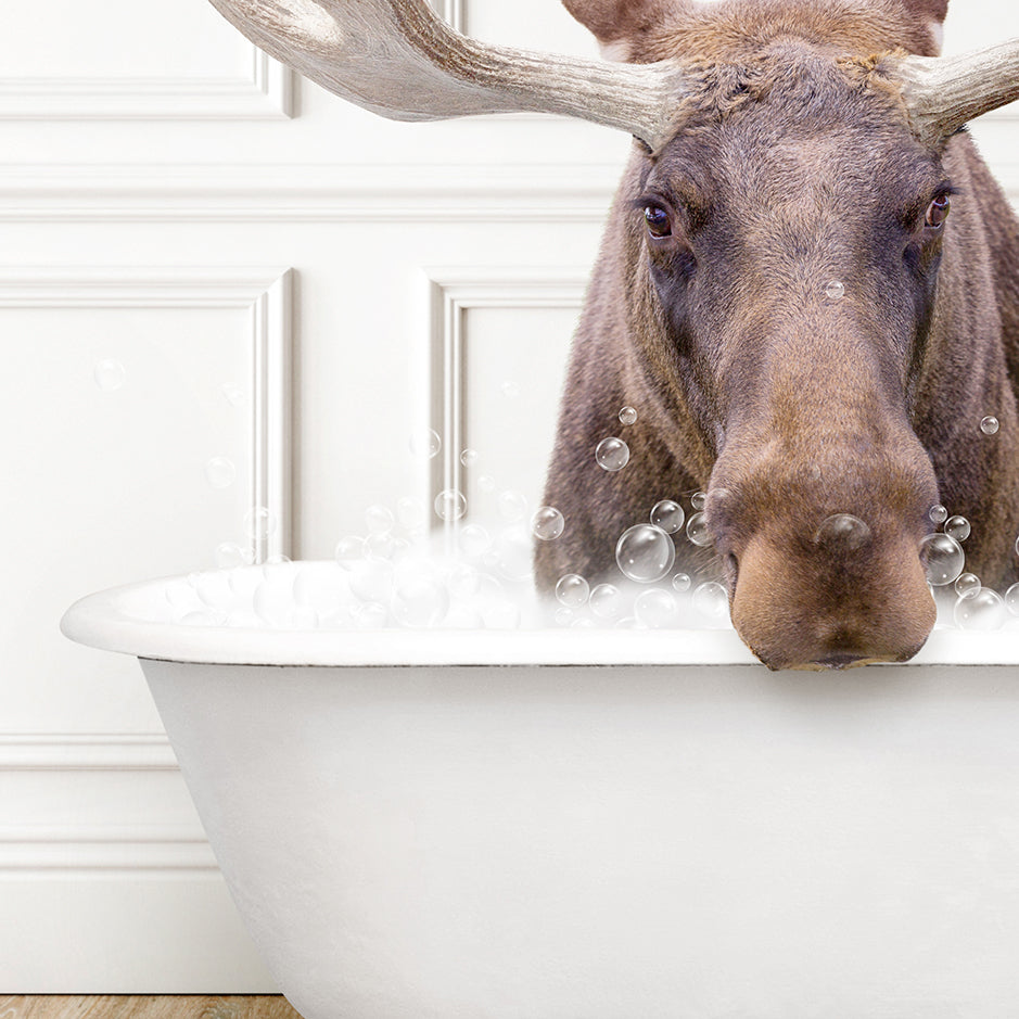 a moose is taking a bath in a bathtub