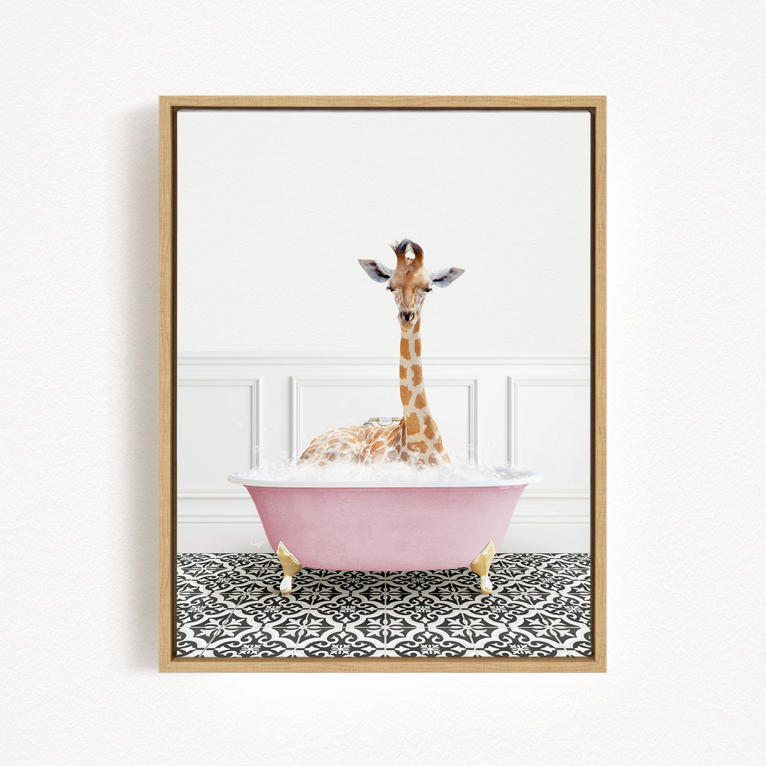 A giraffe sitting in a pink bathtub filled with water, surrounded by a black and white patterned floor.