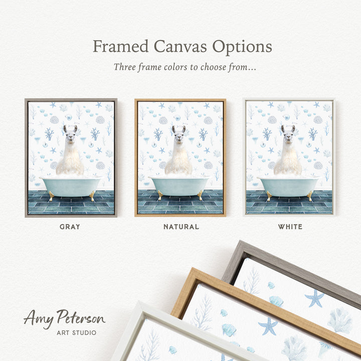 three framed canvas options featuring a white llama sitting in a bathtub, each with a different frame color: gray, natural, and white.
