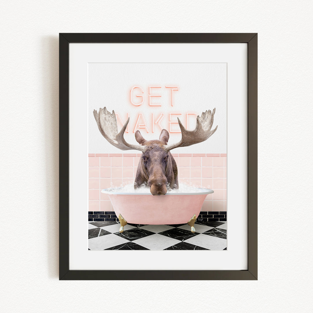 A framed image depicting a moose with large antlers sitting in a pink bathtub, with the text "GET WAKED" displayed above it.