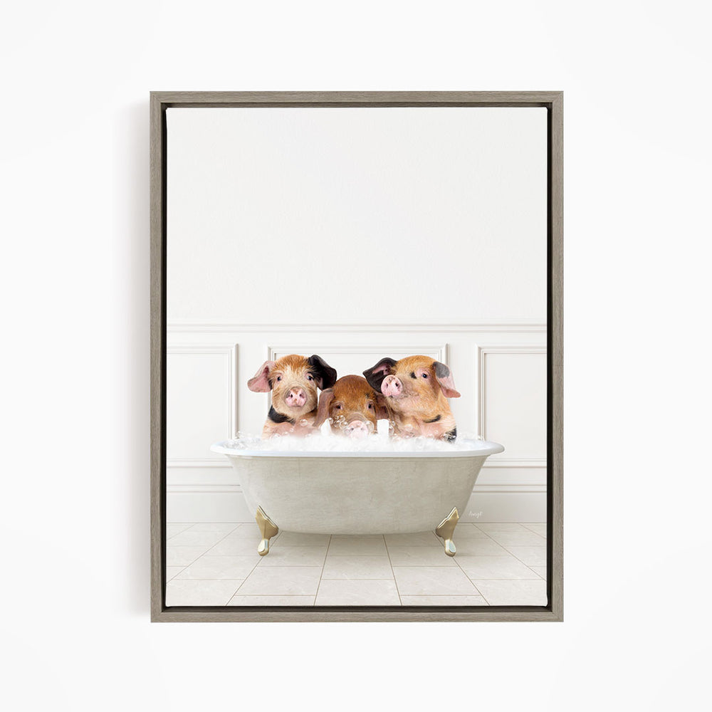 Three adorable pigs sitting in a white bathtub, enjoying a relaxing bath together.