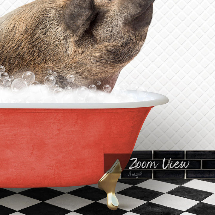 A pig is sitting in a red bathtub filled with bubbles, with a black and white checkered floor in the background.