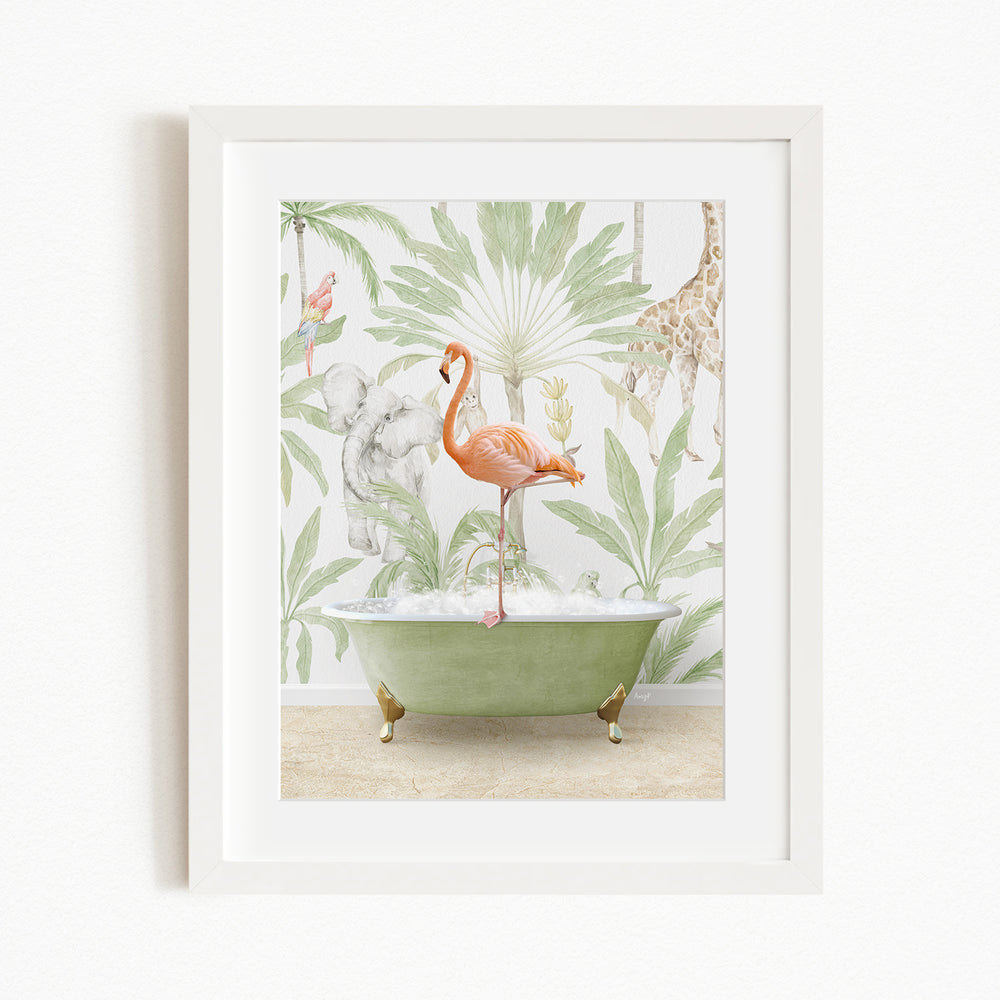 A framed print depicting a pink flamingo standing in a green bathtub, surrounded by tropical foliage and other animals.