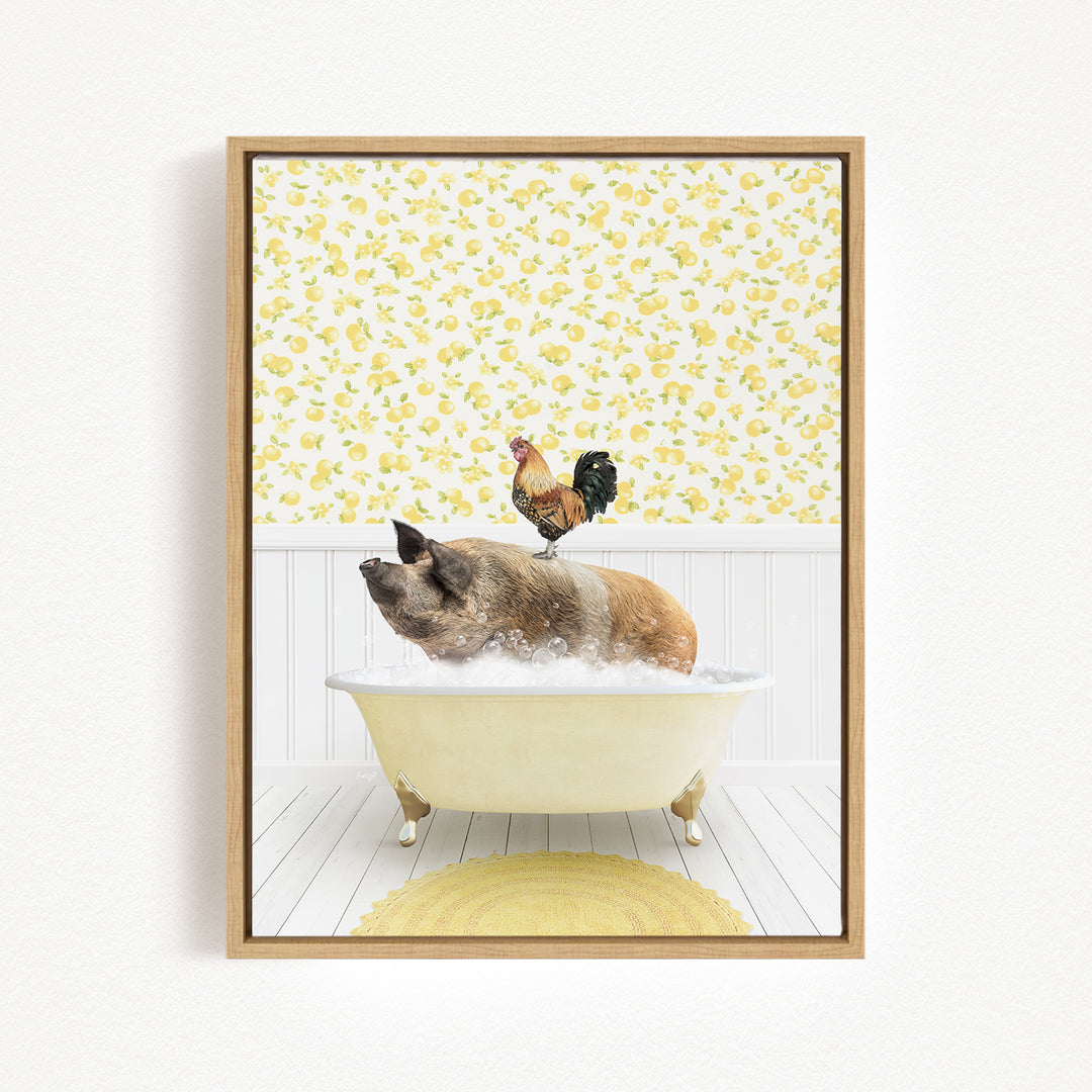 A rooster stands on the edge of a bathtub filled with water, while a pig sits inside the tub, creating a whimsical and humorous scene.