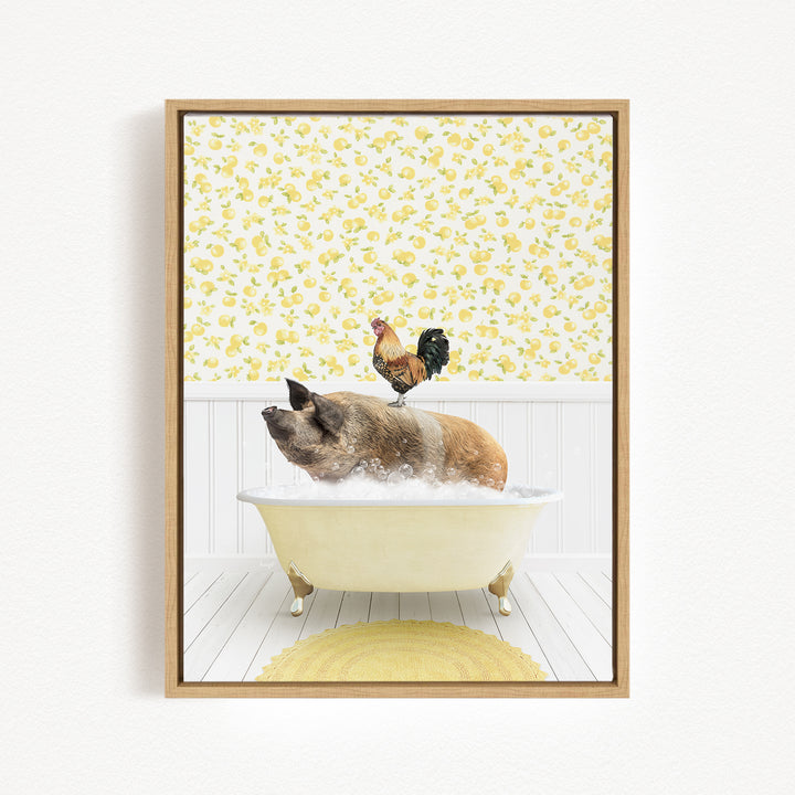 A rooster stands on the edge of a bathtub filled with water, while a pig sits inside the tub, creating a whimsical and humorous scene.
