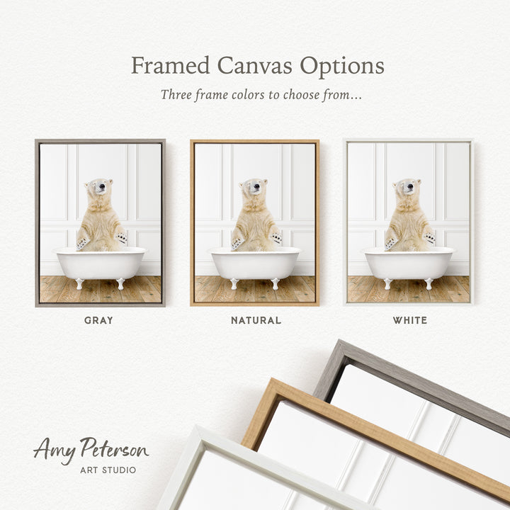 three framed canvas options, each featuring a polar bear sitting in a bathtub. The options include a gray frame, a natural frame, and a white frame.