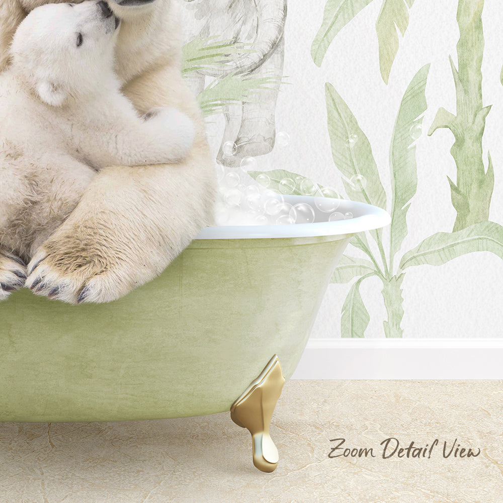 A polar bear is sitting in a green bathtub, with bubbles around it, and a wall with a tropical plant design in the background.