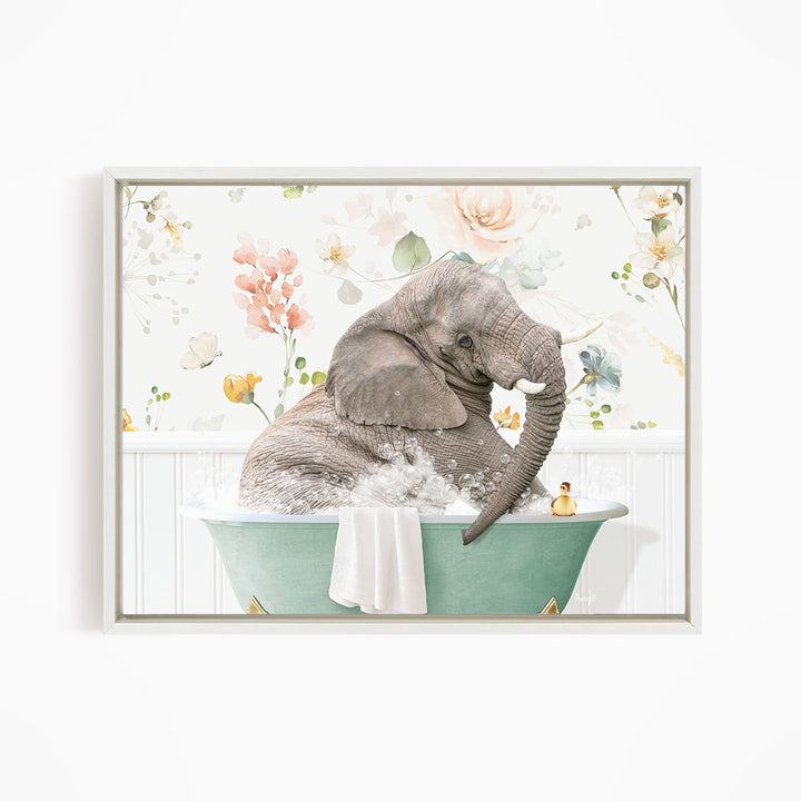 A gray elephant is sitting in a green bathtub filled with water, surrounded by a floral pattern.