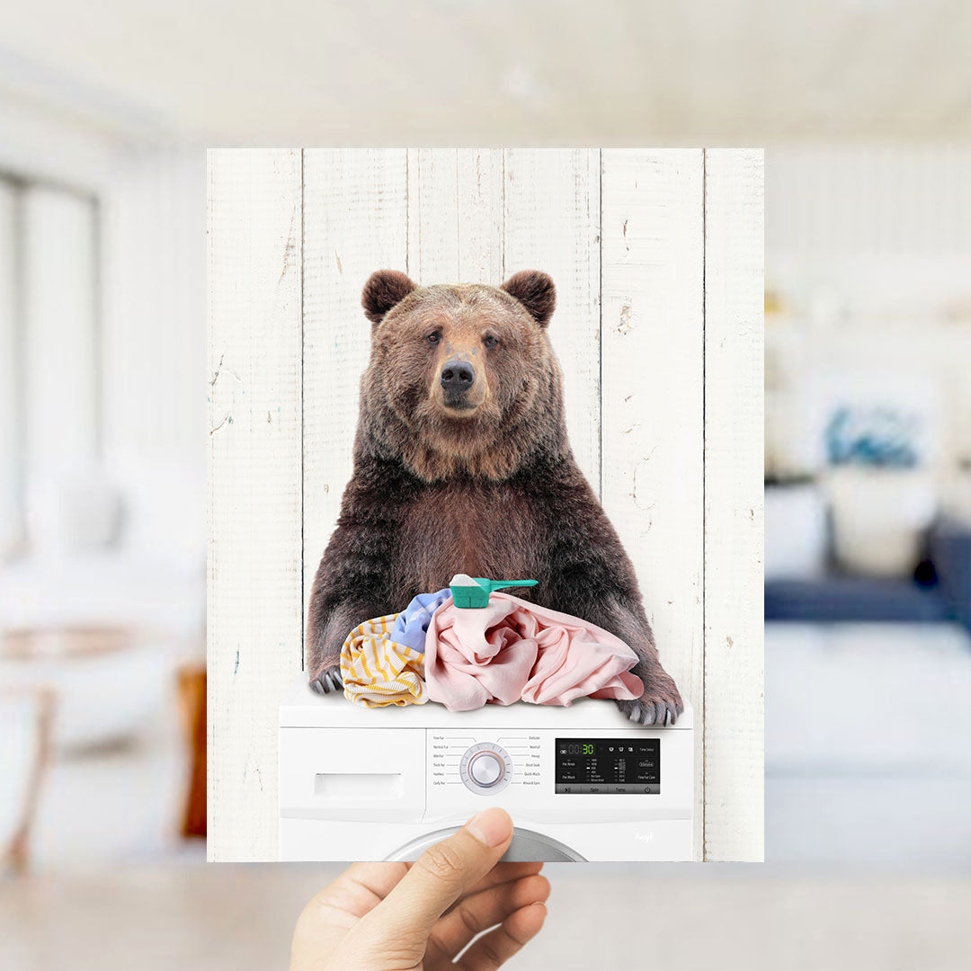A hand holds up a framed image of a brown bear sitting on a washing machine, surrounded by laundry.