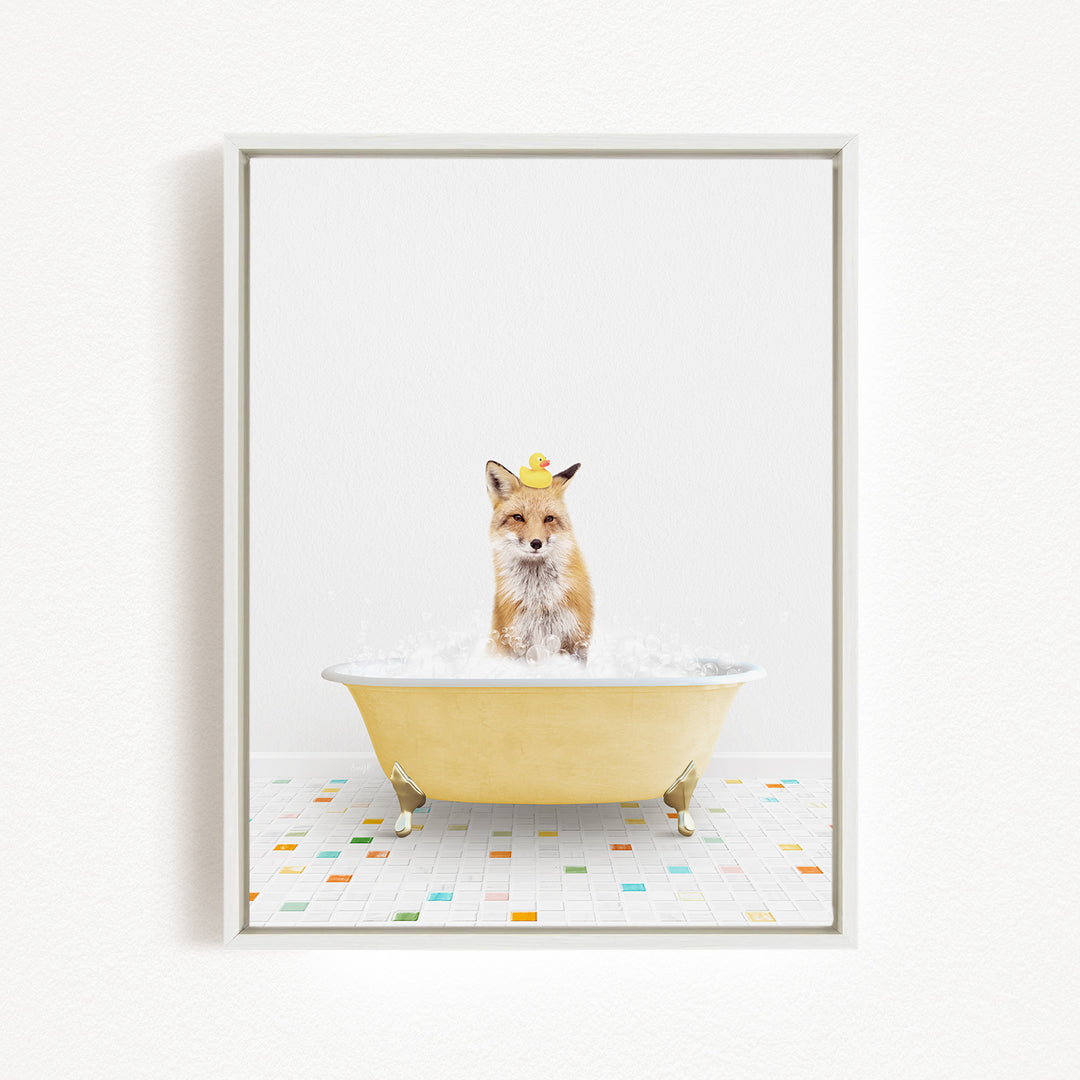 A fox is sitting in a yellow bathtub filled with bubbles, wearing a yellow rubber duck hat.