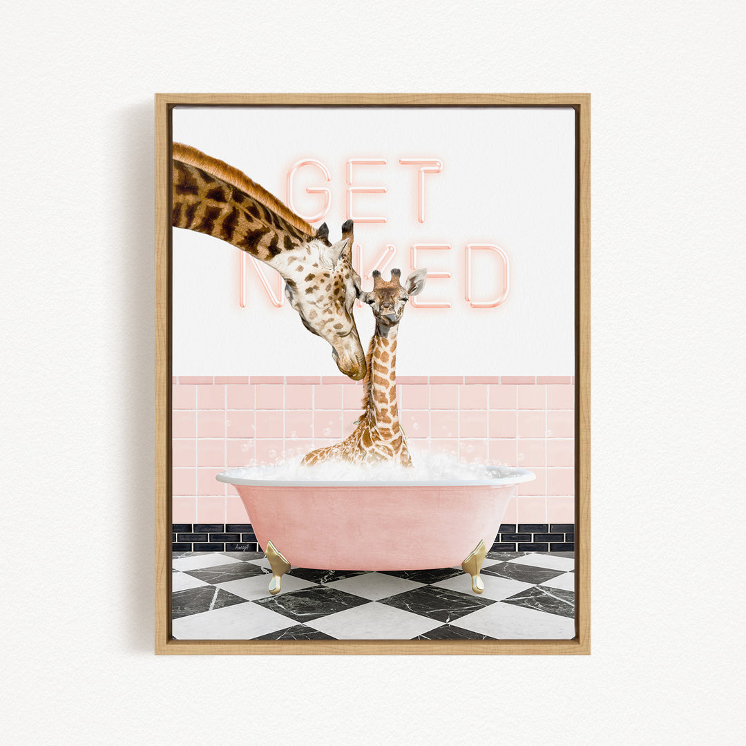 A giraffe and a baby giraffe are sitting in a pink bathtub, with a pink and white checkered floor and a pink wall behind them. The text "GET NICKED" is displayed in pink neon letters above the giraffes.