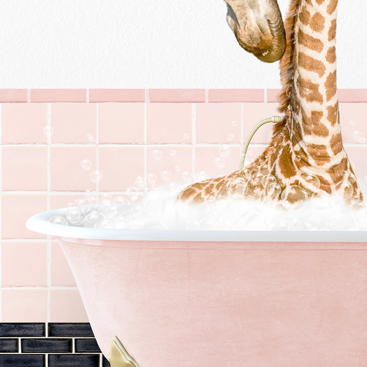 a giraffe in a bathtub with bubbles coming out of it