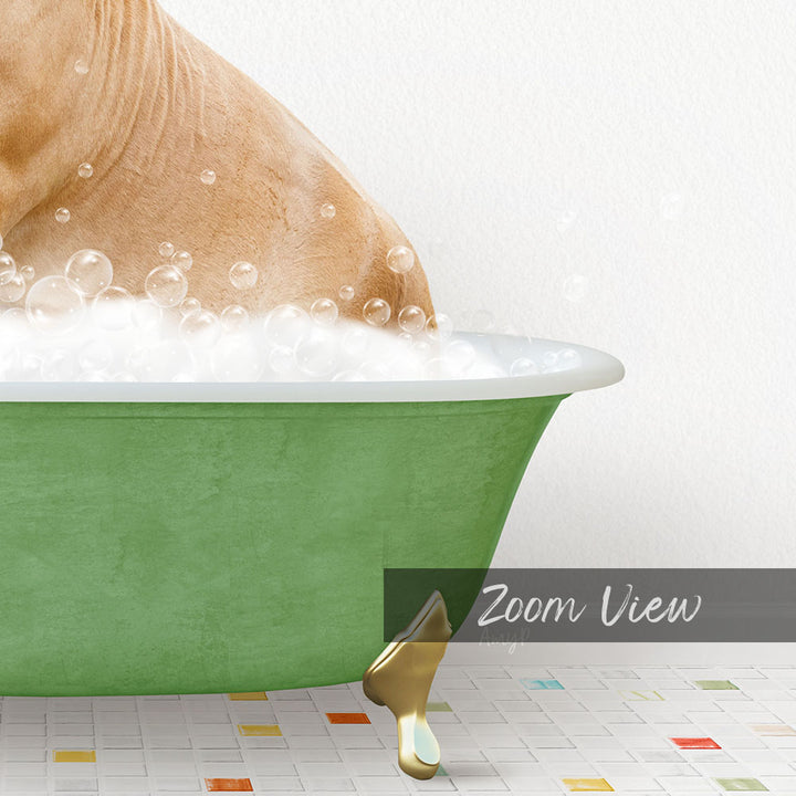 A close-up of a dog's body partially submerged in a green bathtub filled with bubbles, with a gold bathtub leg visible.