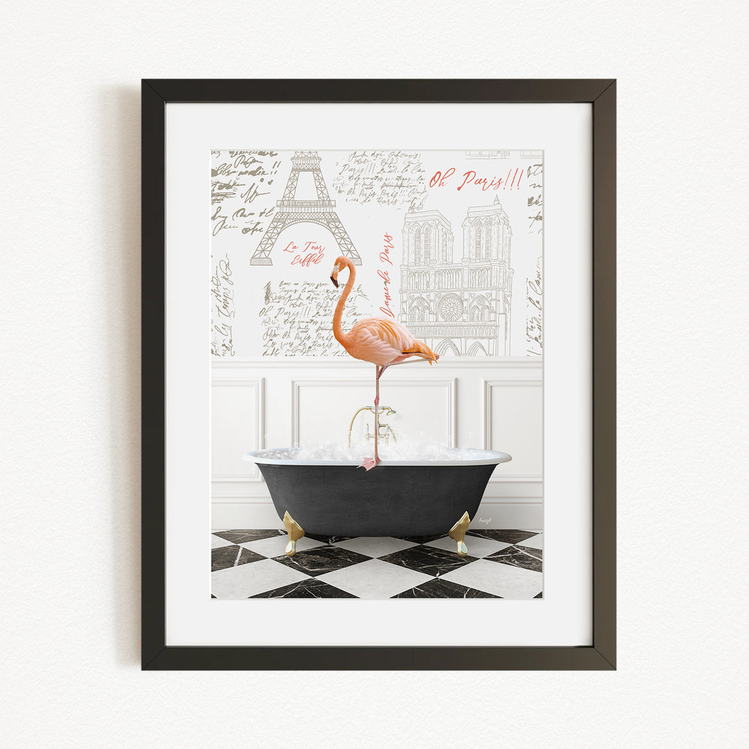 A framed image depicting a pink flamingo standing in a bathtub, with a black and white checkered floor and a drawing of the Eiffel Tower in the background.