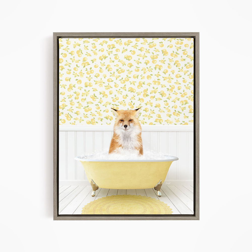 A fox is sitting in a yellow bathtub filled with water, surrounded by a yellow floral wallpaper.