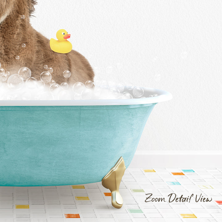 A bathtub filled with bubbles, with a yellow rubber duck sitting on the edge of the tub.