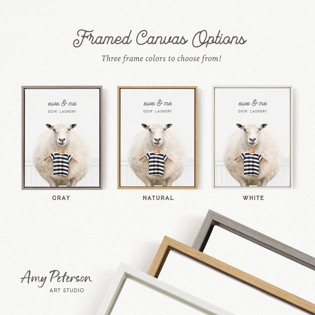 The image is a framed canvas option featuring three different color options for a canvas print of a sheep wearing a striped shirt.