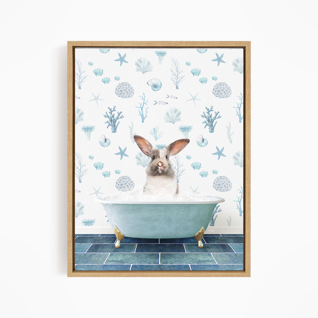 A rabbit sitting in a blue bathtub filled with bubbles, surrounded by a pattern of seashells, starfish, and other marine life.