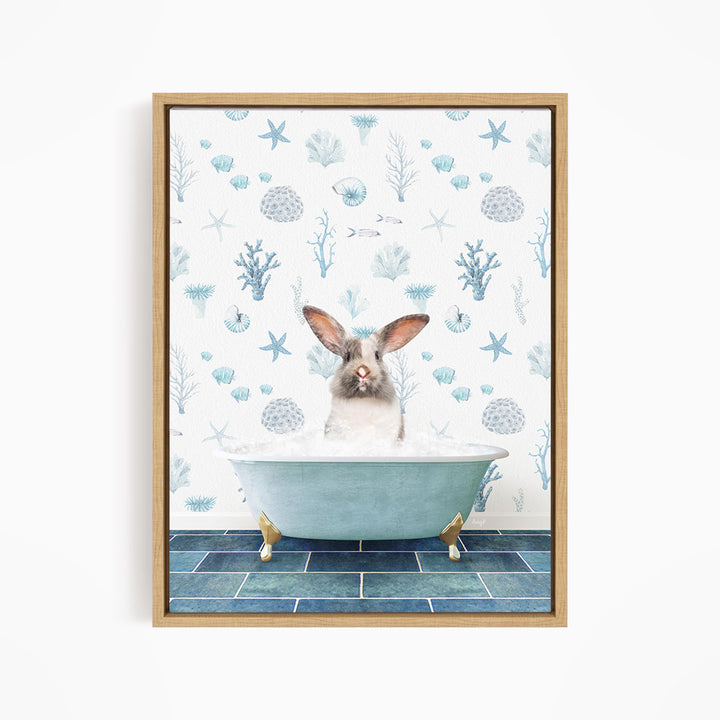 A rabbit sitting in a blue bathtub filled with bubbles, surrounded by a pattern of seashells, starfish, and other marine life.
