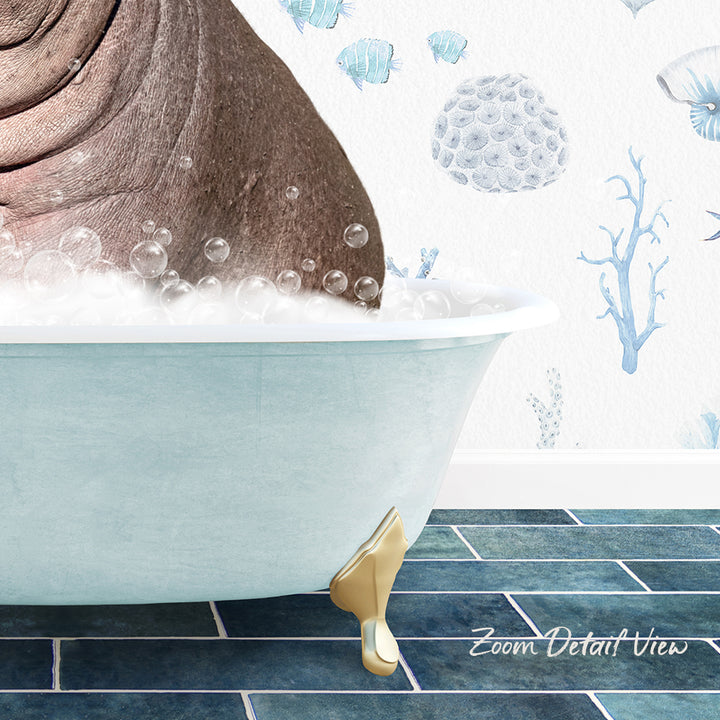 A bathtub filled with bubbles, with a gold claw-foot design on the side, and a wall with a blue and white underwater scene behind it.