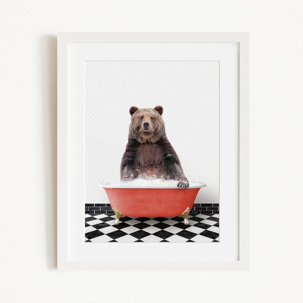 A brown bear sitting in a red bathtub filled with water, surrounded by a black and white checkered floor.