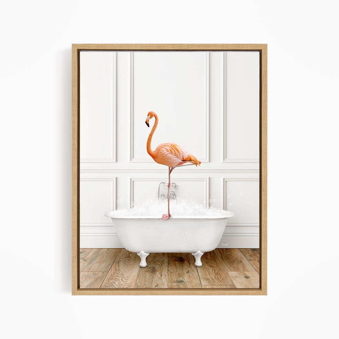 A flamingo standing on the edge of a white bathtub filled with water.