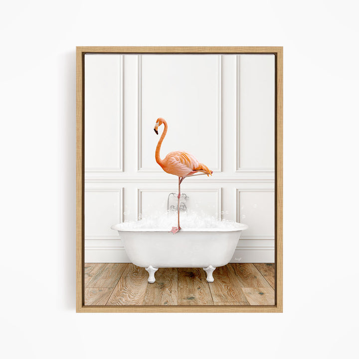A flamingo standing on the edge of a white bathtub filled with water.