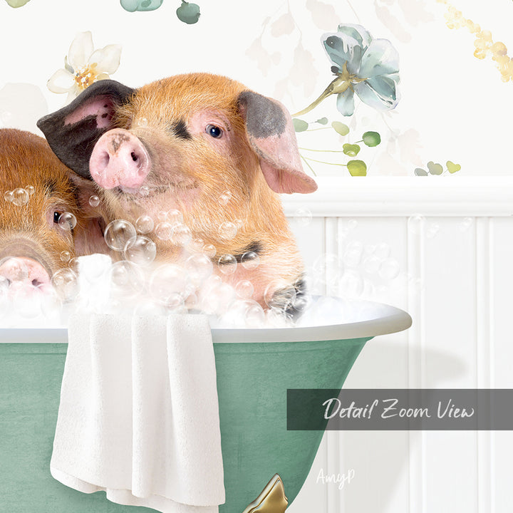 A pig sitting in a green bathtub, surrounded by bubbles, with a floral pattern on the wall behind it.
