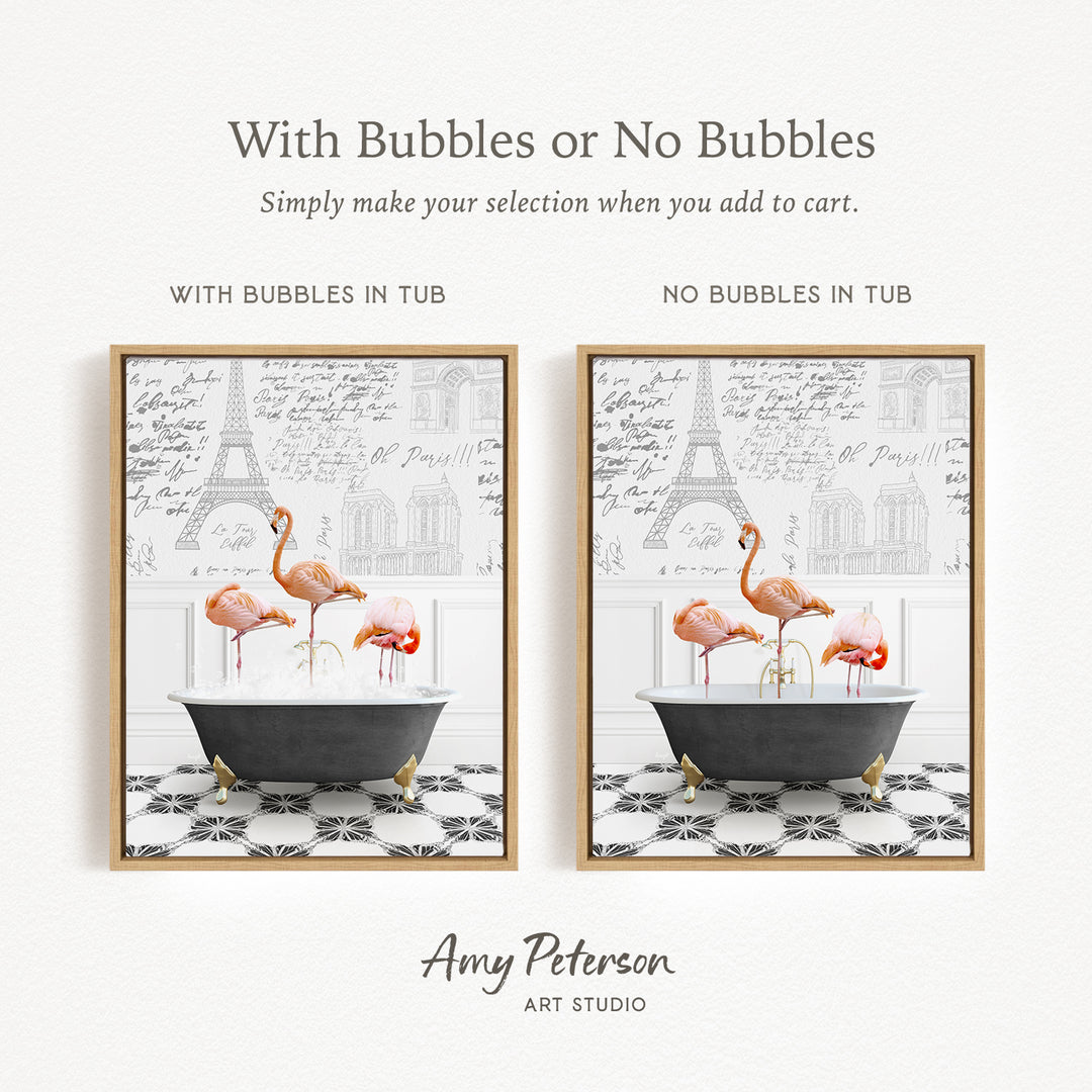 The image is a framed artwork depicting two different scenes of a bathtub with flamingos. The first scene shows a bathtub with no bubbles, while the second scene shows a bathtub with bubbles. The text above the images reads "With Bubbles or No Bubbles Simply make your selection when you add to cart."