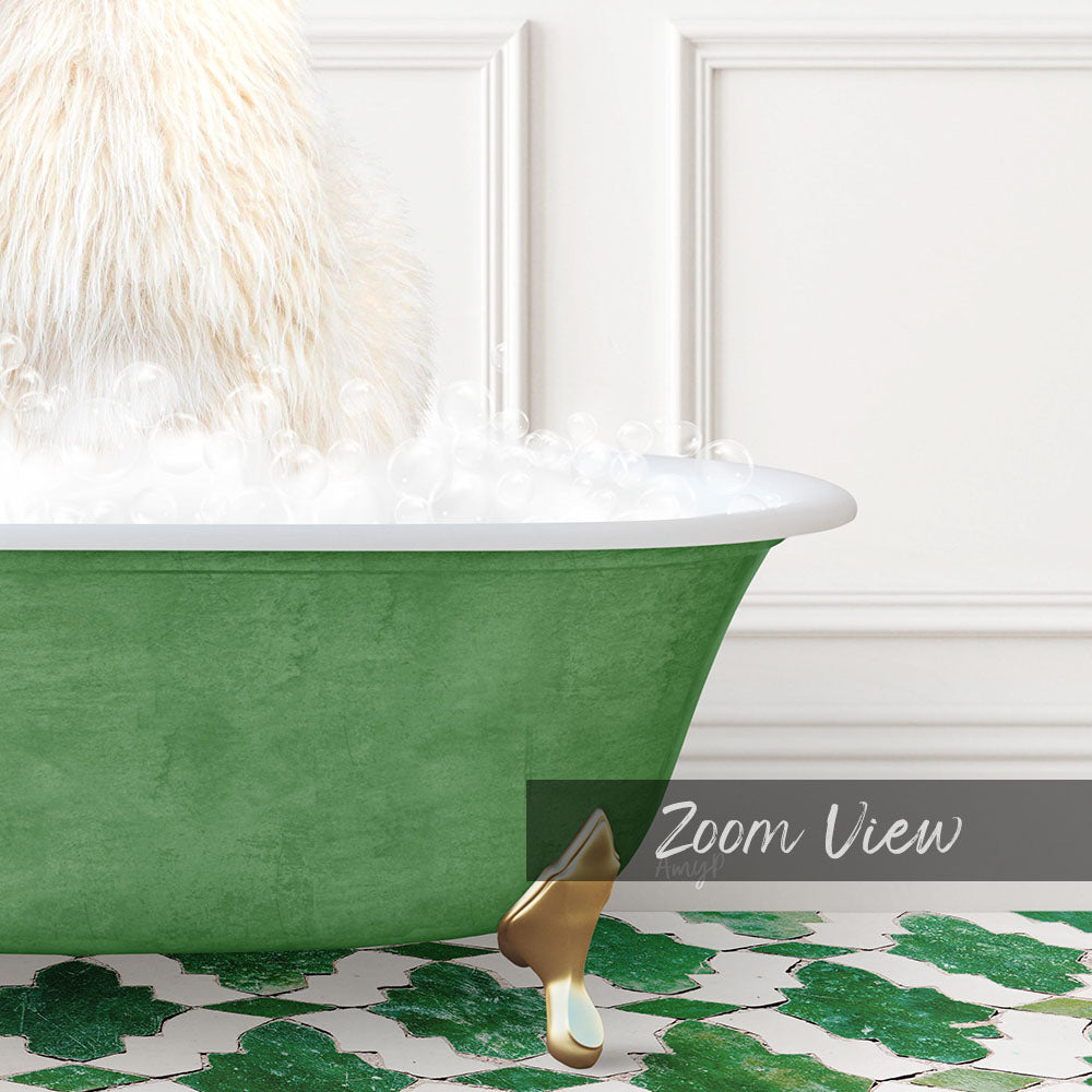 A fluffy white dog is sitting in a green bathtub filled with bubbles, with a gold bathtub leg visible.
