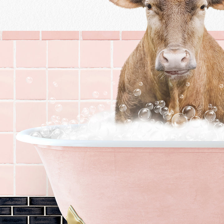 a cow is sitting in a bathtub full of bubbles