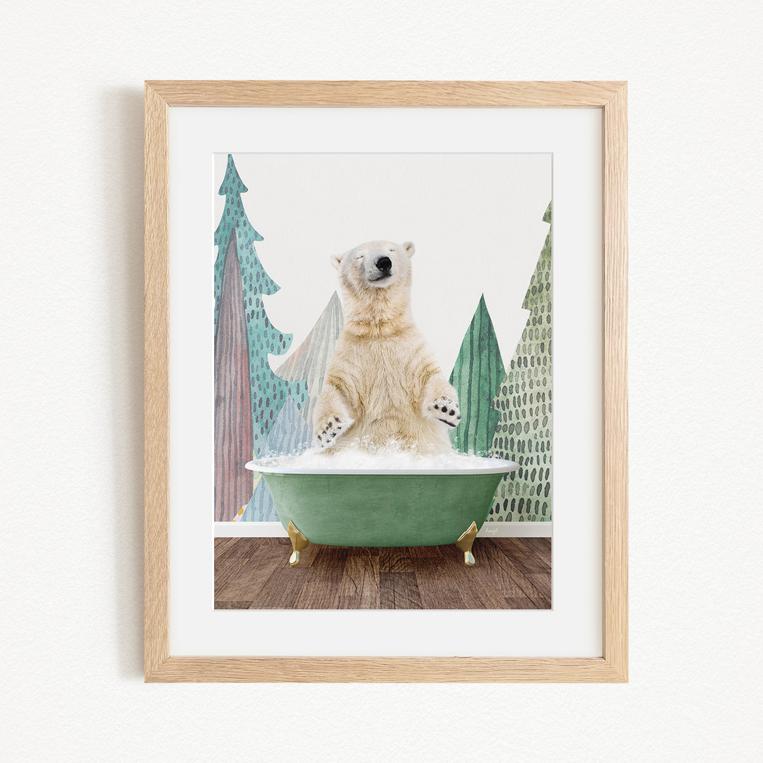 A polar bear is sitting in a green bathtub, surrounded by trees and a snowy landscape.