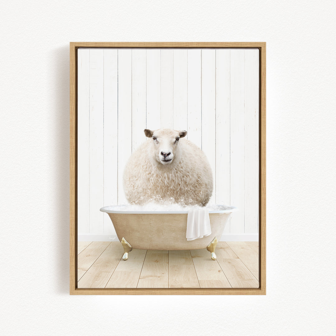 A fluffy white sheep sits in a bathtub filled with bubbles, creating a whimsical and playful scene.