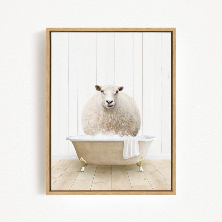 A fluffy white sheep sits in a bathtub filled with bubbles, creating a whimsical and playful scene.