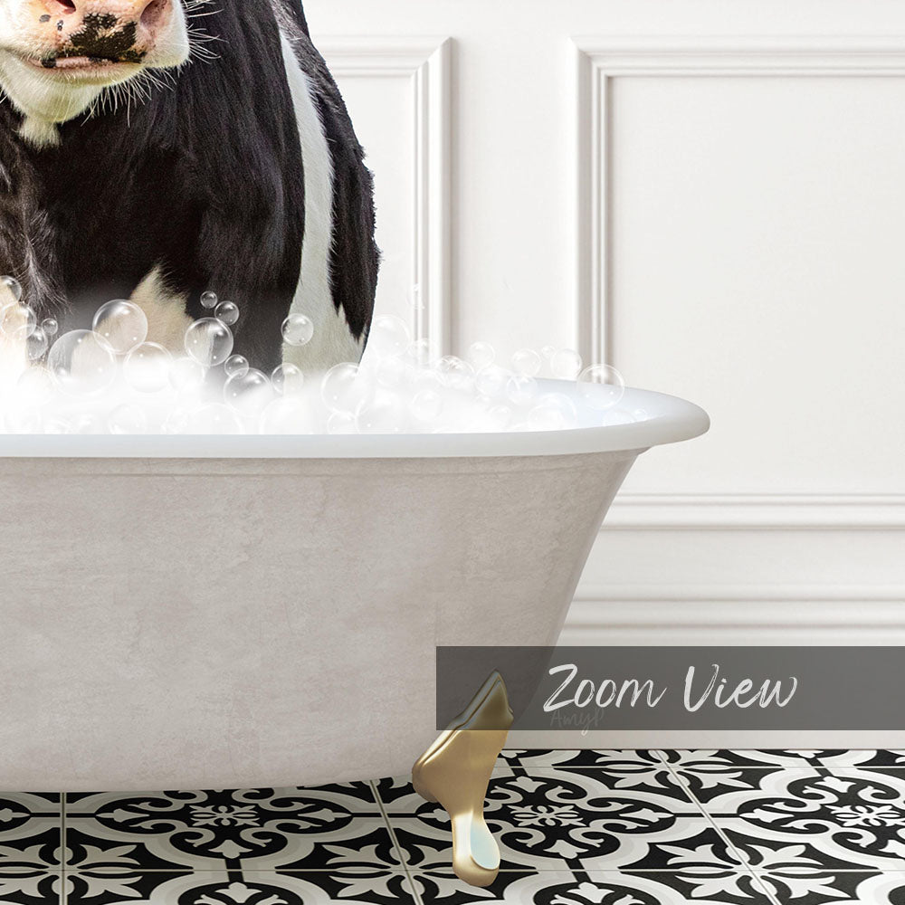 A black and white cow standing in a white bathtub filled with bubbles, with a black and white patterned floor in the foreground.