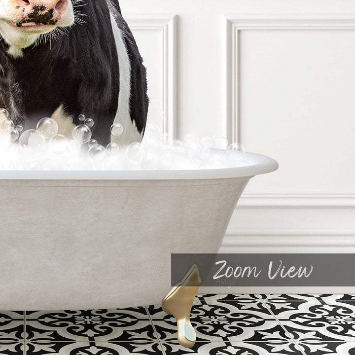 A black and white cow standing in a white bathtub filled with bubbles, with a black and white patterned floor in the foreground.