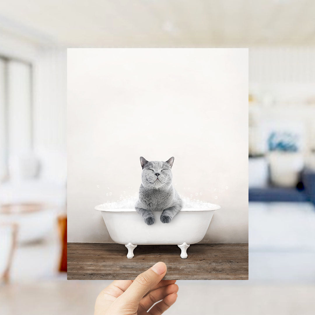 A gray cat sitting in a white bathtub filled with bubbles, with its eyes closed and appearing to be enjoying the bath.