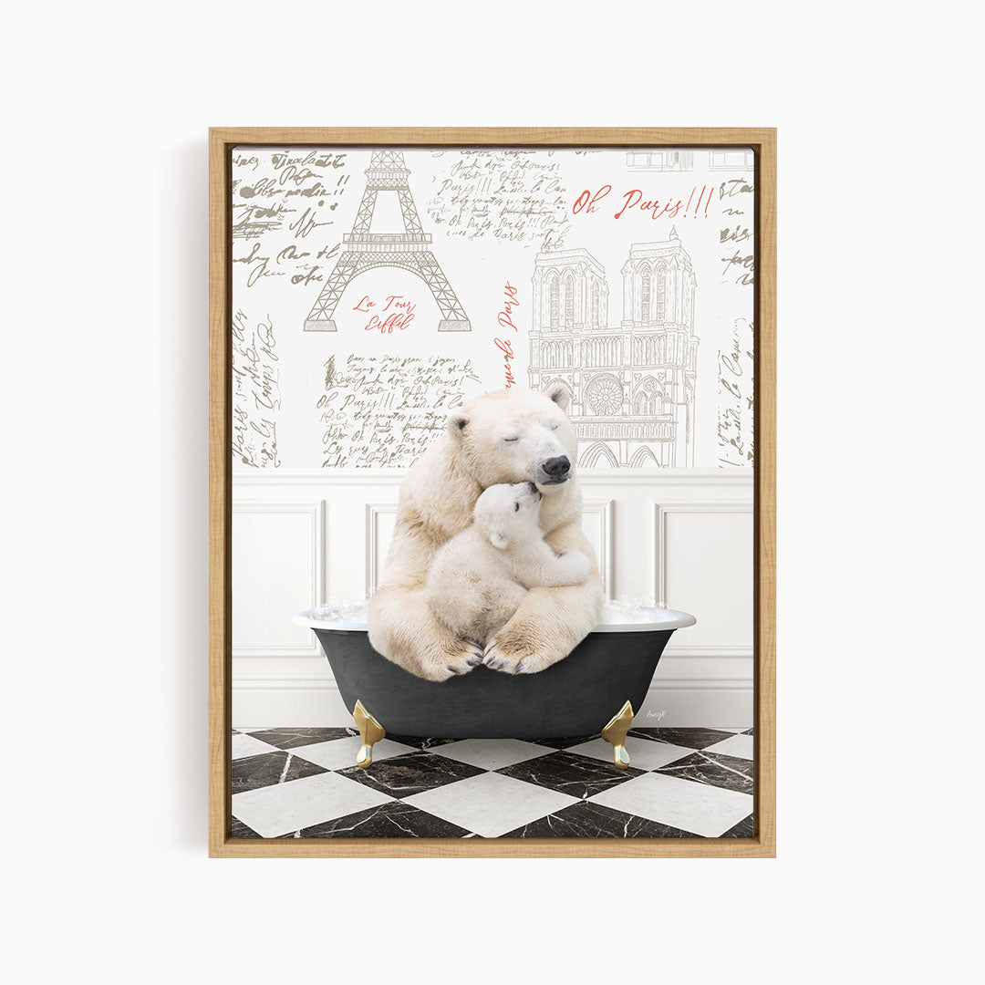 A polar bear is sitting in a bathtub, with another polar bear sitting on its lap, creating a heartwarming scene.