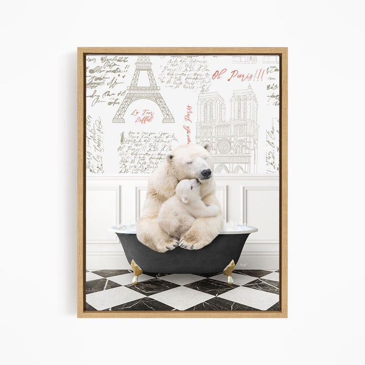 A polar bear is sitting in a bathtub, with another polar bear sitting on its lap, creating a heartwarming scene.
