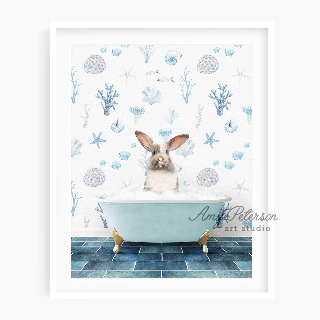 a rabbit is sitting in a bathtub with a blue tile floor