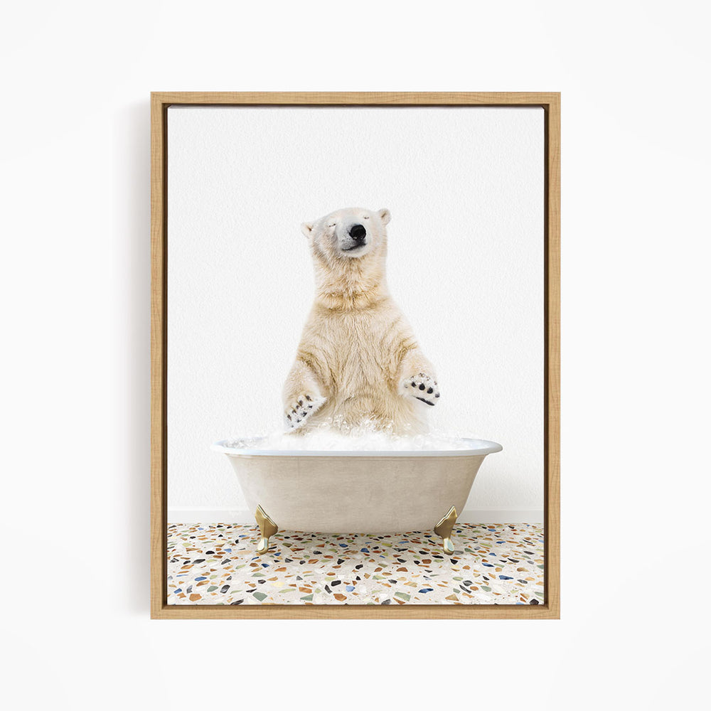 A polar bear standing in a bathtub filled with water, with its paws raised in the air.